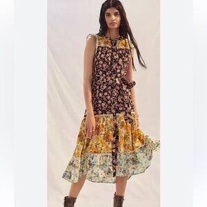 Anthropologie Ruffled Floral Midi Dress Black motif size S